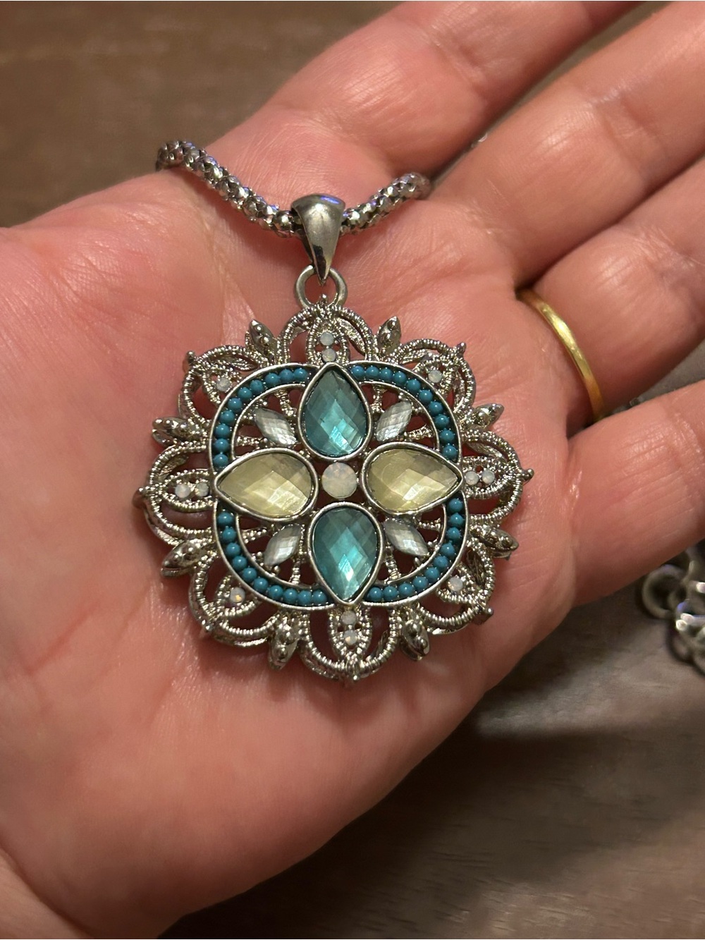 Silver-Tone Turquoise & Clear Floral Pendant Necklace